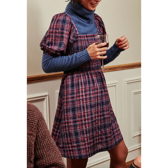 Madewell Lucie Puff-Sleeve Smocked Mini Dress in Rockfern Plaid Sz S - Picture 2 of 10